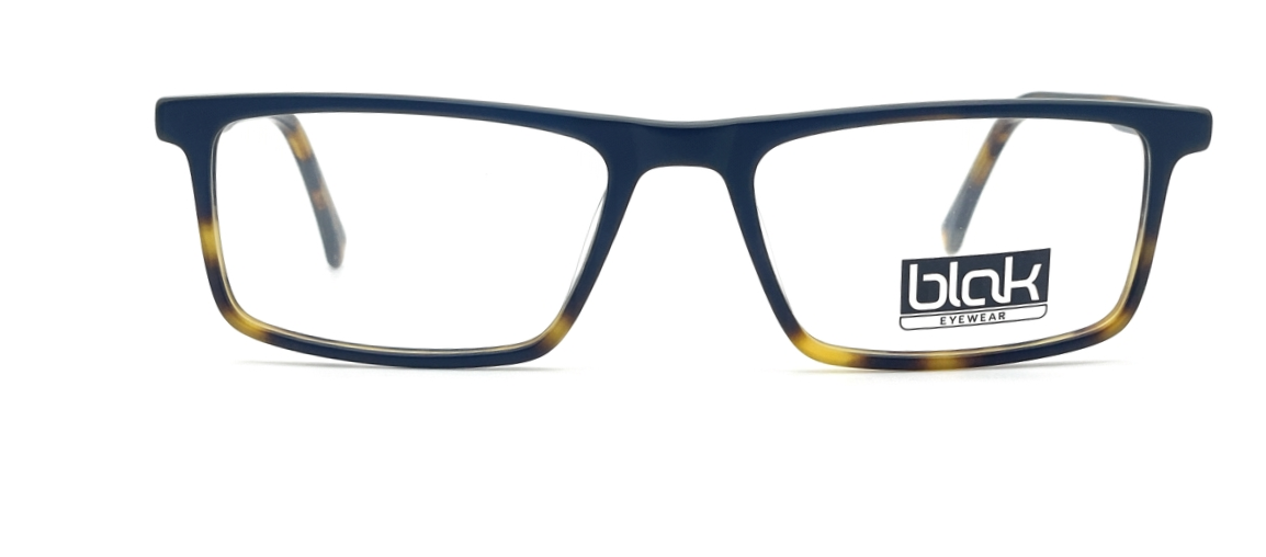 A pair of square eyeglasses with a dark navy blue frame and tortoiseshell acetate temples, featuring a black and white 'blak. eyewear' logo sticker on the right lens.