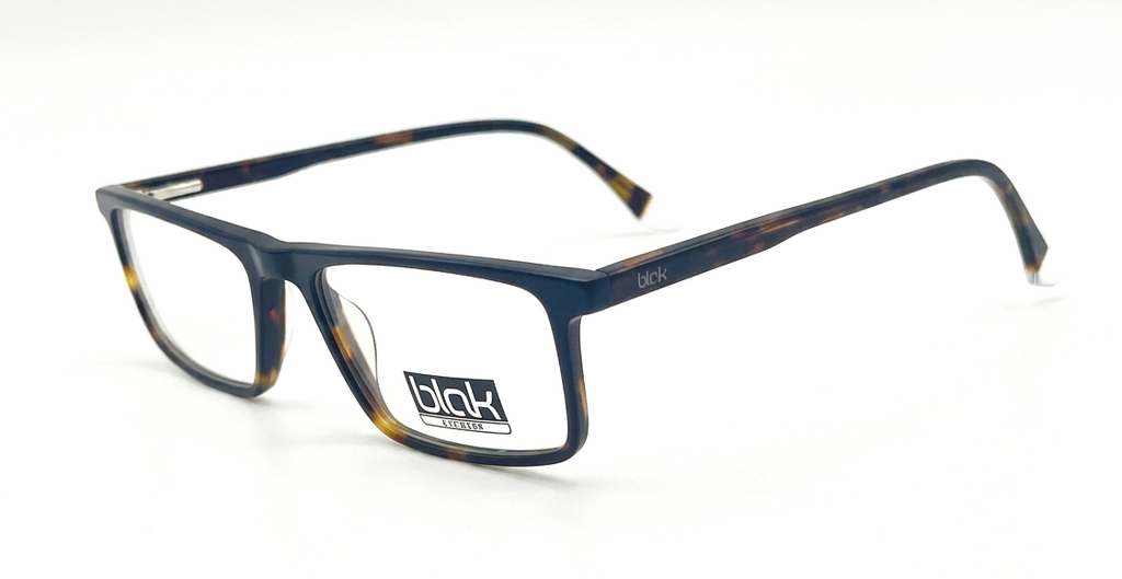 A pair of rectangular eyeglasses with a dark navy blue acetate frame and subtle tortoiseshell patterns on the temples, shown on a clean white background. The brand name 'blak' is visible on the lower part of the left lens.