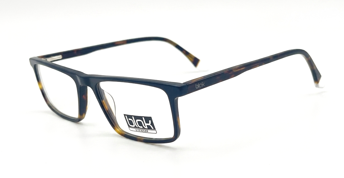 A pair of rectangular eyeglasses with a dark navy blue acetate frame and subtle tortoiseshell patterns on the temples, shown on a clean white background. The brand name 'blak' is visible on the lower part of the left lens.