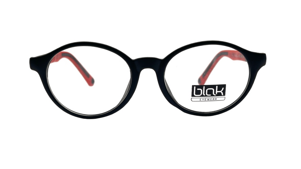 Black round eyeglass frames with red temple tips and a black 'black logo sticker on the right lens, shown against a plain white background.