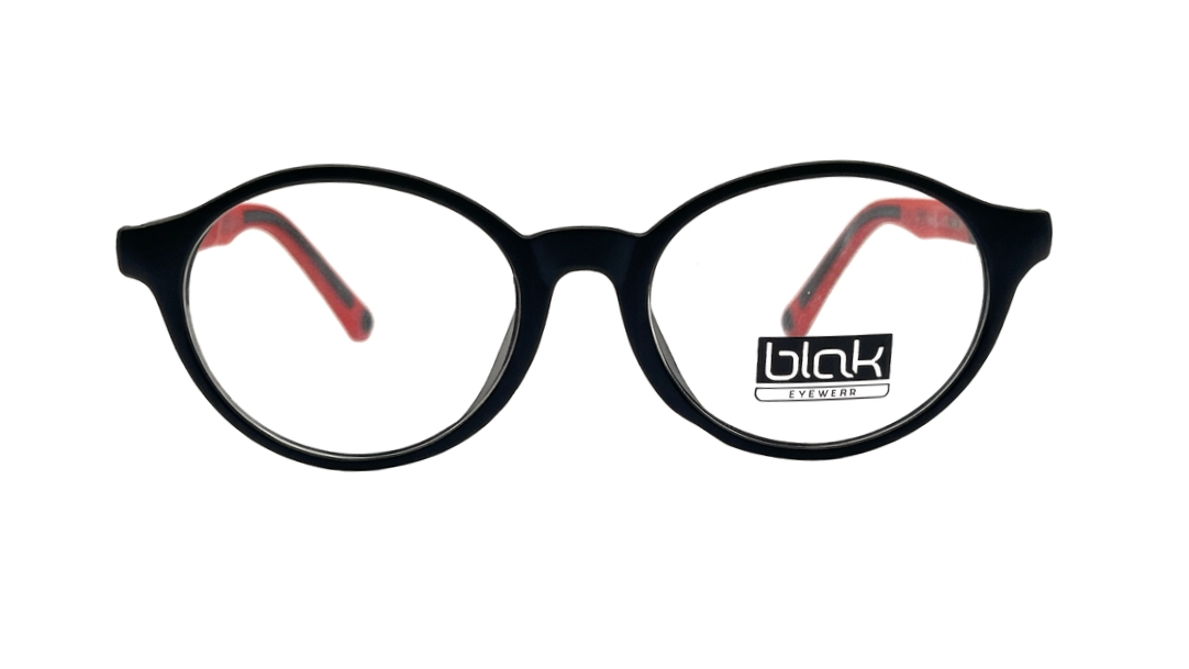 Black round eyeglass frames with red temple tips and a black 'black logo sticker on the right lens, shown against a plain white background.