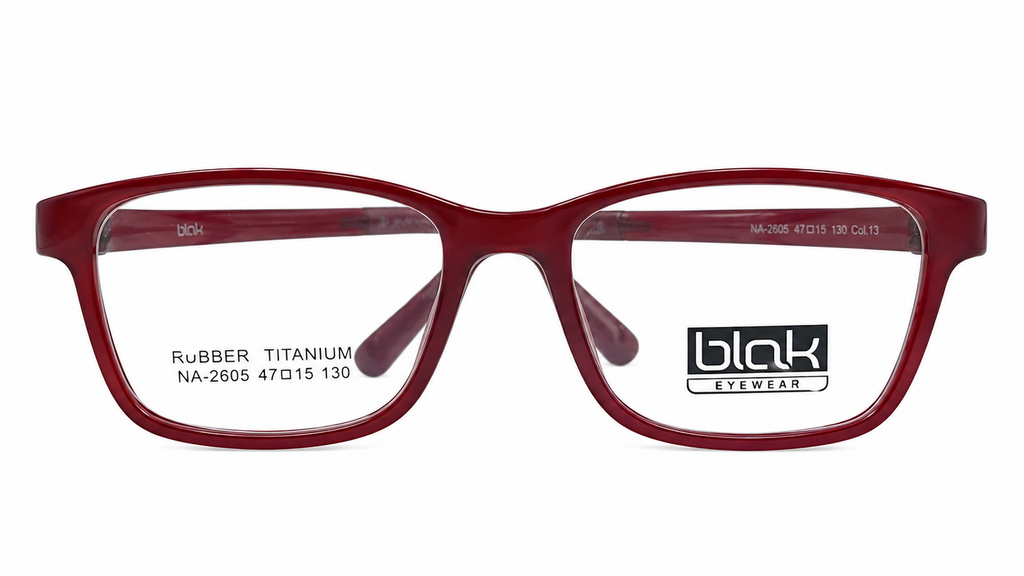 A pair of rectangular kids eyeglasses with a translucent deep red acetate frame, featuring clear lenses and a black 'blak eyewear' logo on the right lens