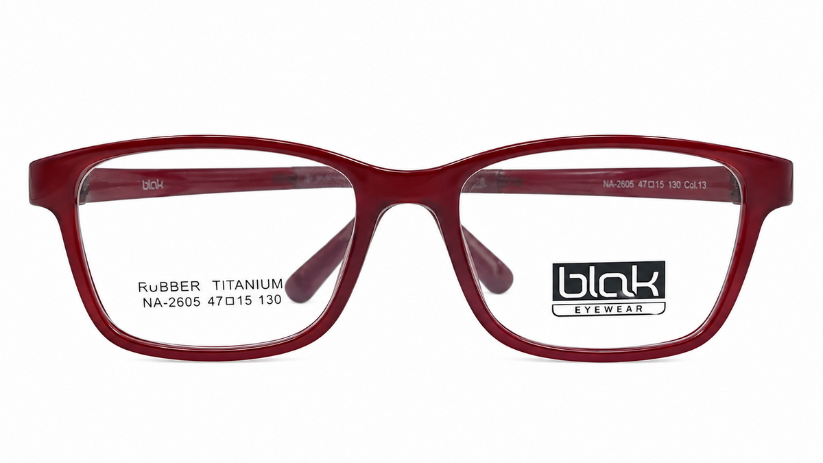 A pair of rectangular kids eyeglasses with a translucent deep red acetate frame, featuring clear lenses and a black 'blak eyewear' logo on the right lens