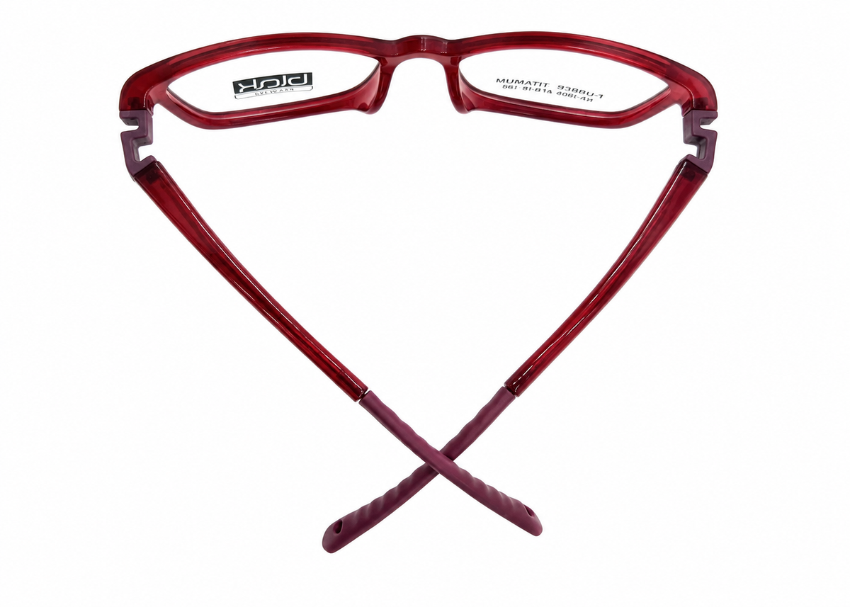 Red translucent acetate eyeglass frames with a wrap-around top border and crossed temple arms, shown on a plain white background. The brand name 'SPOI' is visible on the left lens.