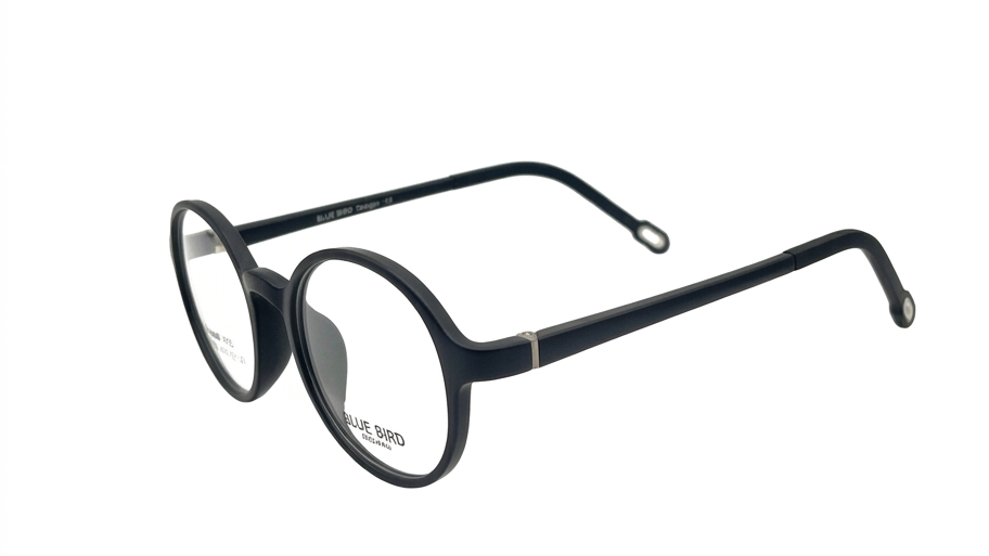 Oversized round eyeglasses with a matte black frame and clear lenses, shown from a three-quarters angle on a white background.