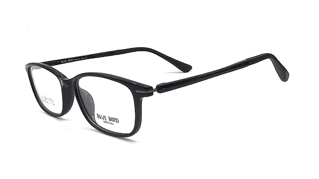 Black full-rim eyeglasses with a modern rectangular frame and clear lenses, shown on a plain white background.