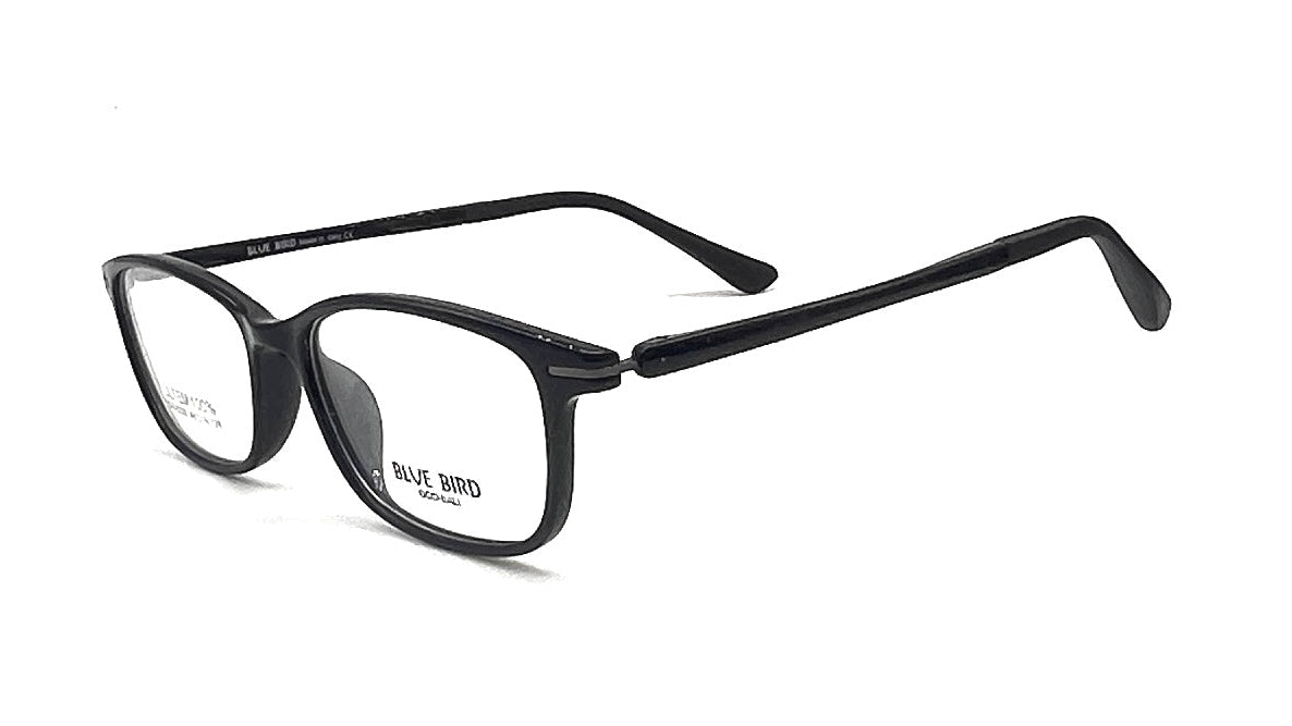 Black full-rim eyeglasses with a modern rectangular frame and clear lenses, shown on a plain white background.