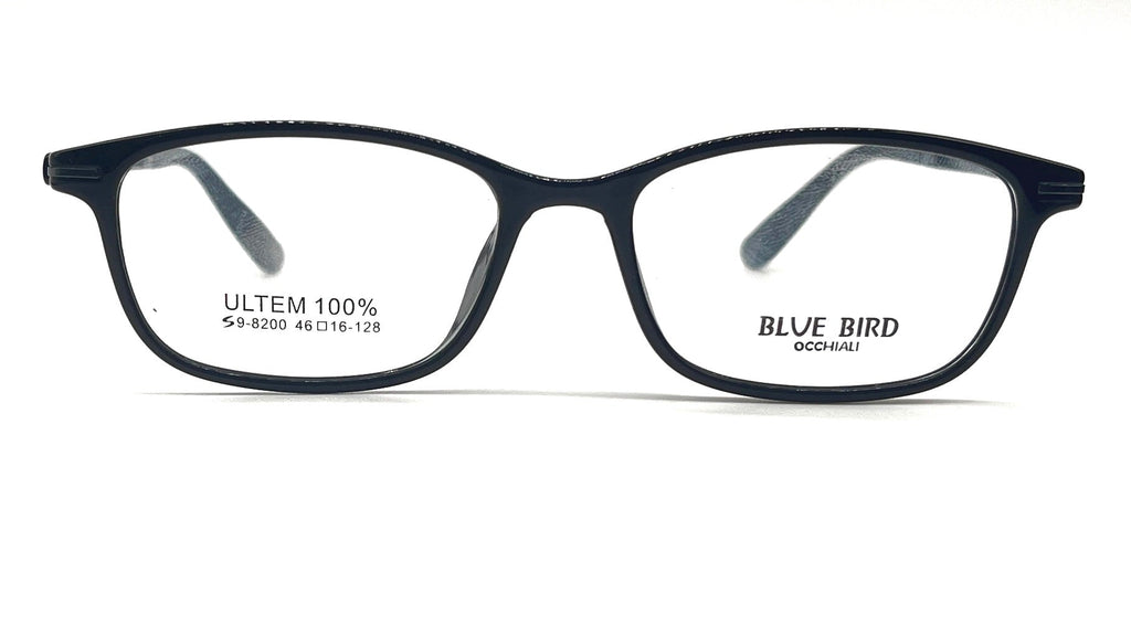 A pair of rectangular eyeglasses with a dark navy blue acetate frame, featuring clear lenses with printed brand and model details, set against a plain white background.