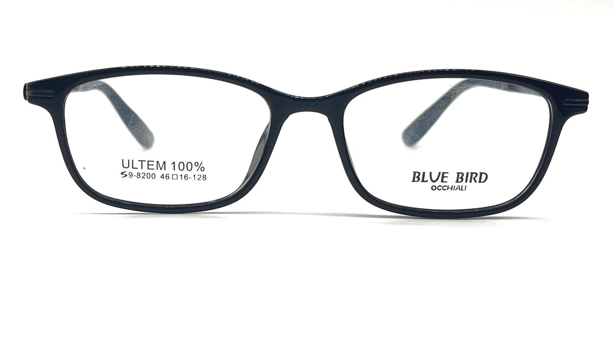 A pair of rectangular eyeglasses with a dark navy blue acetate frame, featuring clear lenses with printed brand and model details, set against a plain white background.