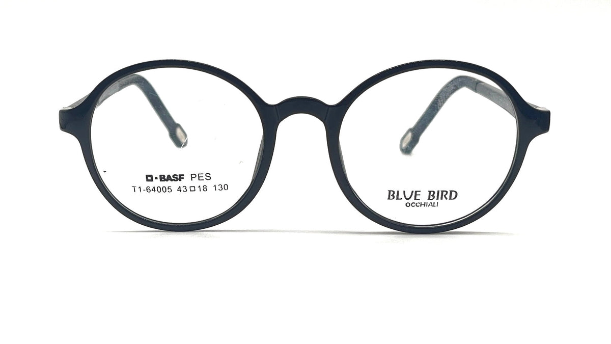Round black eyeglass frames with clear lenses, featuring the 'BLUE BIRD' brand name printed on the right lens, set against a plain white background.