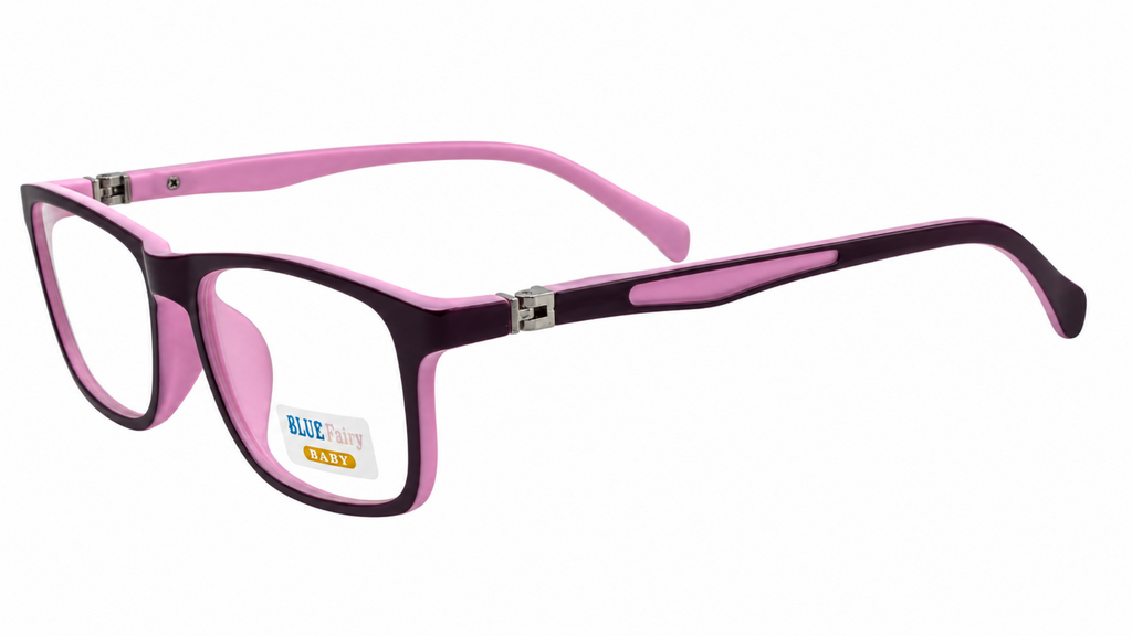 A pair of square-frame eyeglasses with a dark purple front frame and pink inner frames and temples, shown on a plain white background.