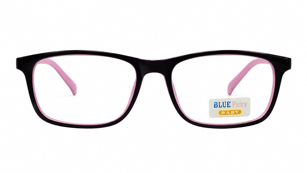 Black rectangular eyeglass frames with pink inner temple arms and a small 'Blue Fairy Baby' brand sticker on the right lens, shown against a plain white background.