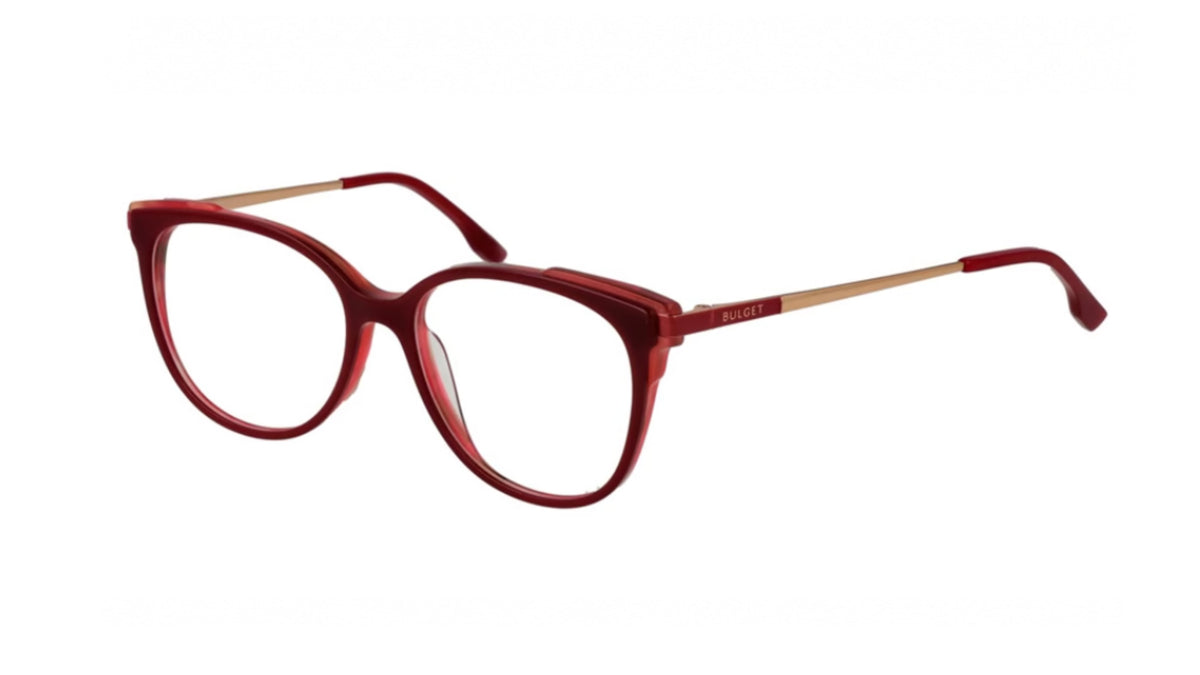 eyeglasses featuring a glossy red acetate frame with gold metal temples, shown against a plain white background.