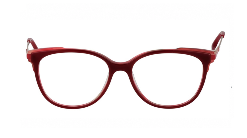 cat-eye style eyeglasses with a translucent deep red frame and clear lenses, shown against a plain white background.