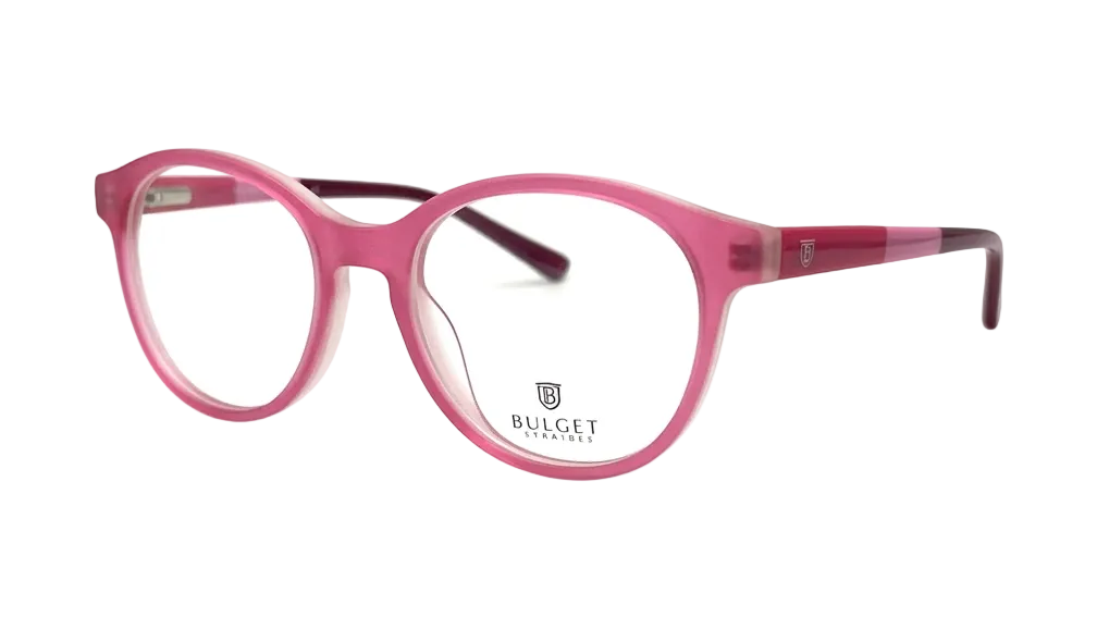 Pink round eyeglasses with clear lenses and a visible Bulget brand logo on the lower right lens, shown on a plain white background.