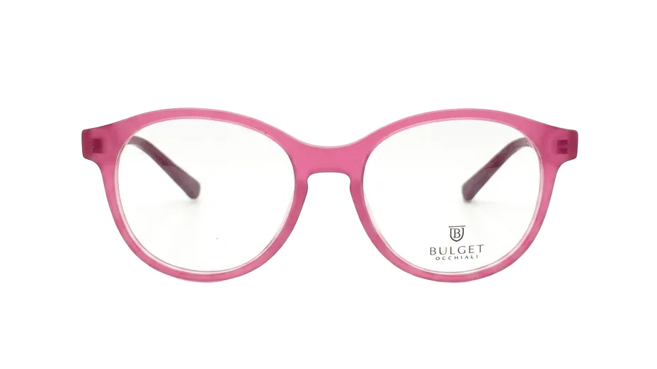 Pink translucent round-frame eyeglasses with clear lenses and dark temple tips, photographed on a clean white background. The brand name BULGET is printed on the lower right lens.