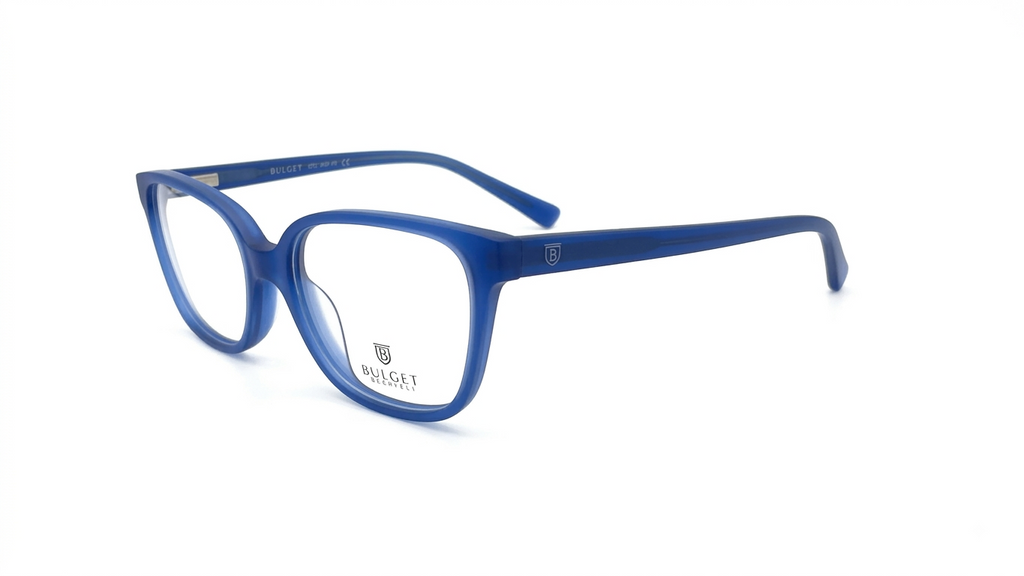 Blue translucent acetate eyeglass frames with a rounded rectangular shape, shown from a three-quarters angle on a white background.