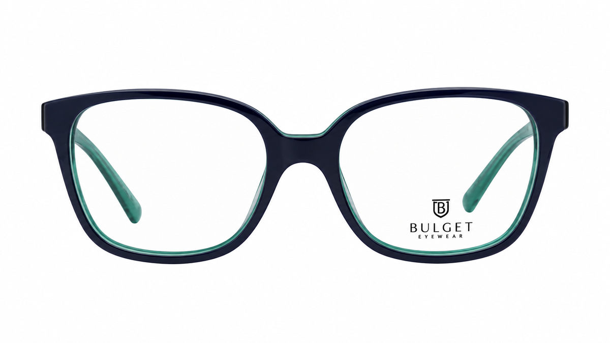 Bulget eyeglasses featuring a dark navy blue frame with a mint green inner lining and temples, shown against a plain white background.