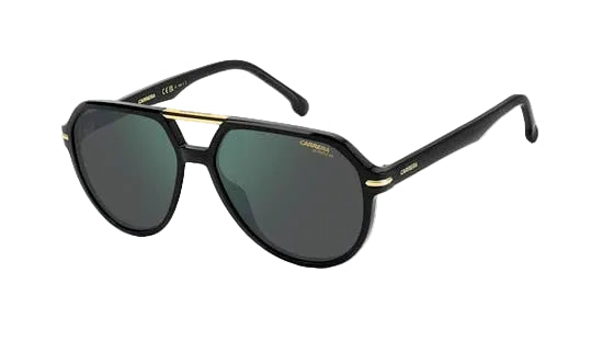 Black sunglasses with gold accents on a white background