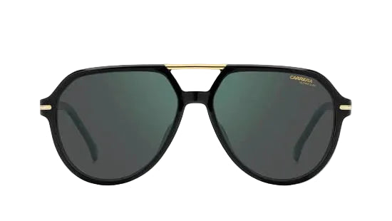 A pair of aviator-style sunglasses with a glossy black frame, gold metal accents on the bridge and temples, and dark green lenses. The brand name 'CARRERA' is visible in gold lettering on the upper right lens.