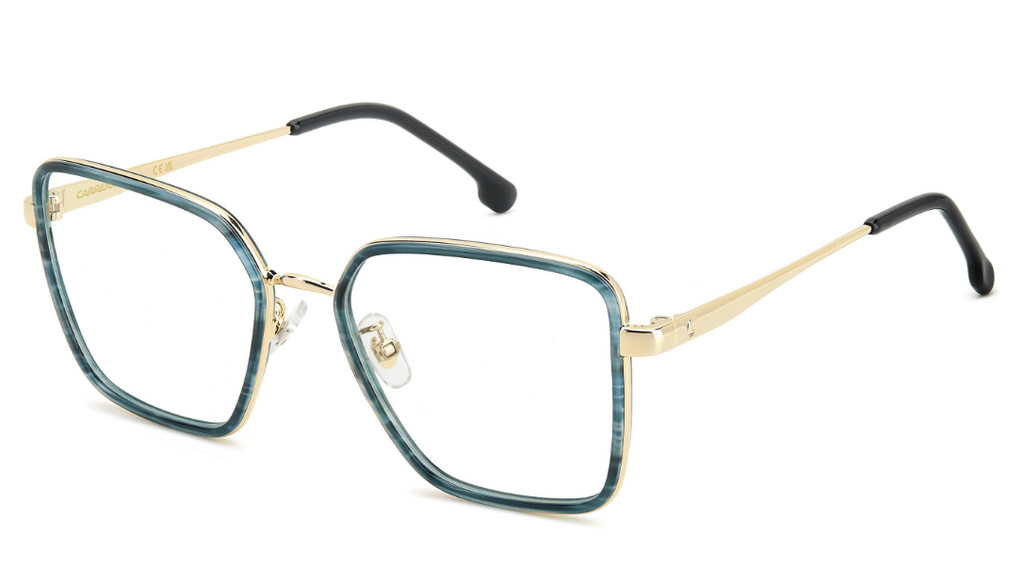 A pair of square-frame eyeglasses with a marbled teal-blue acetate front, gold metal temples, and black temple tips, shown on a plain white background.
