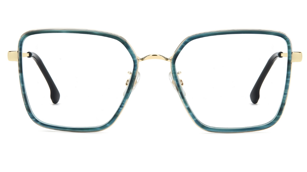 Oversized square eyeglasses with a marbled teal-blue acetate frame, gold metal bridge and hinge, and black temple tips, shown on a plain white background.