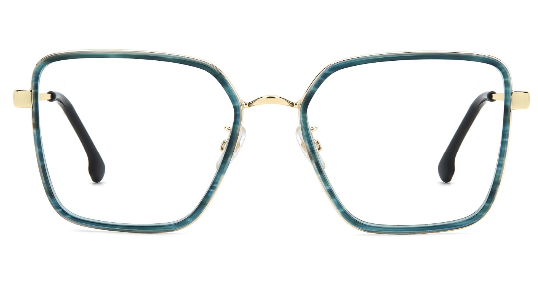 Oversized square eyeglasses with a marbled teal-blue acetate frame, gold metal bridge and hinge, and black temple tips, shown on a plain white background.