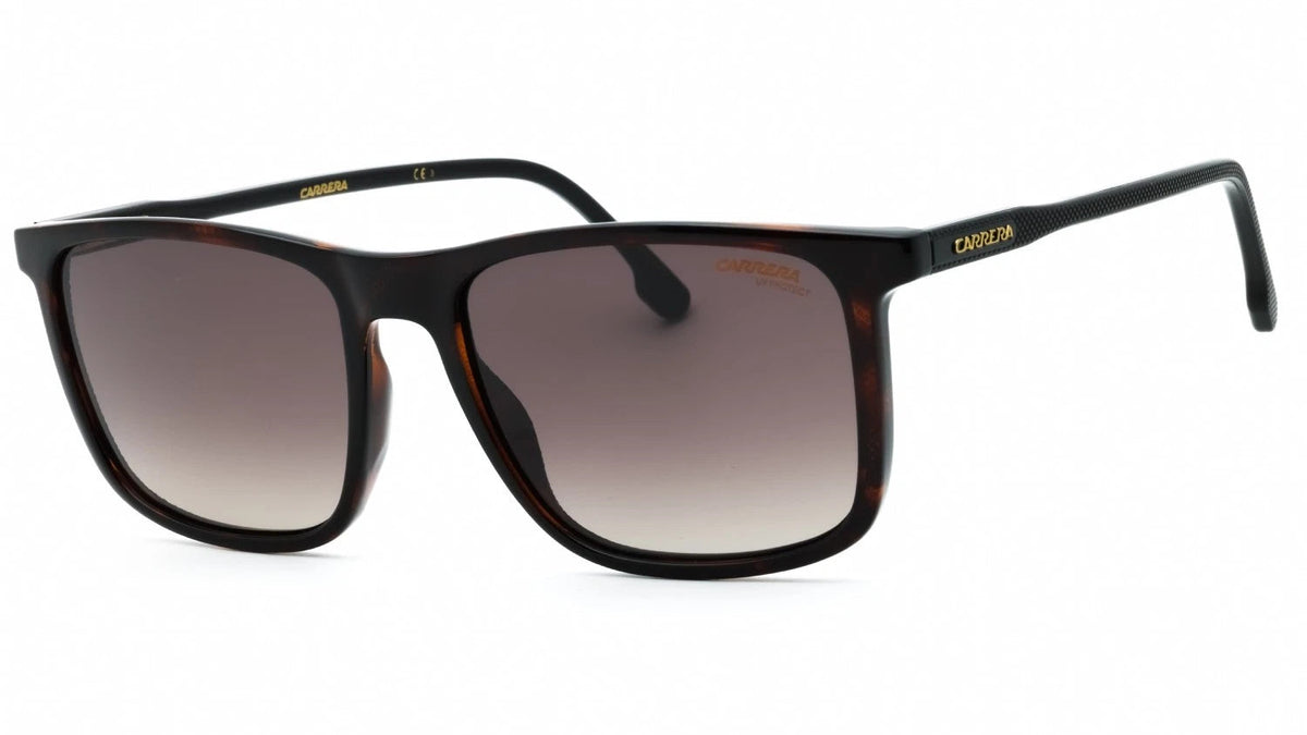 Sunglasses with a tortoiseshell frame and gradient lenses on a white background