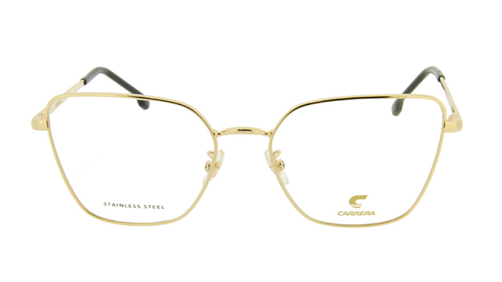 Carrera square metal eyeglass frames in gold-tone stainless steel with clear lenses and black temple tips, shown on a plain white background.