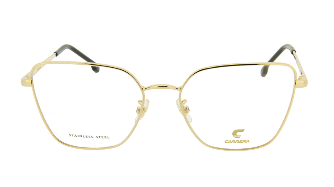 Carrera square metal eyeglass frames in gold-tone stainless steel with clear lenses and black temple tips, shown on a plain white background.