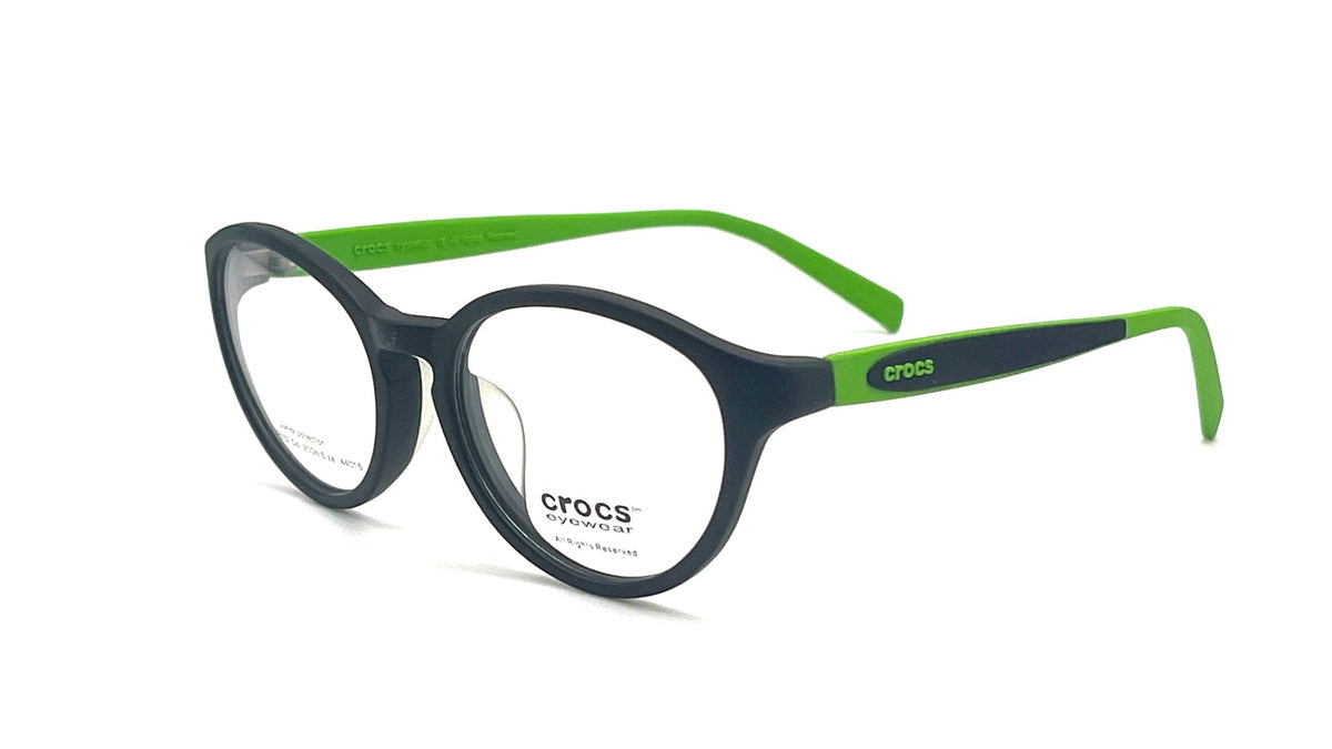 Crocs eyeglasses with a matte black frame and bright green temple arms, shown on a clean white background.