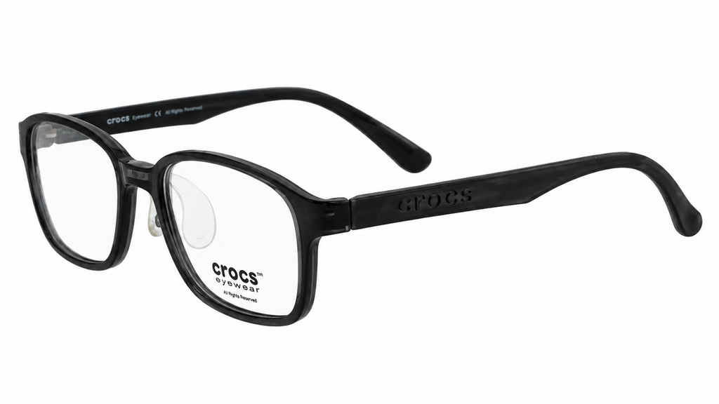 Black Crocs eyeglasses with a matte finish and clear lenses, shown from a three-quarters angle on a white background.