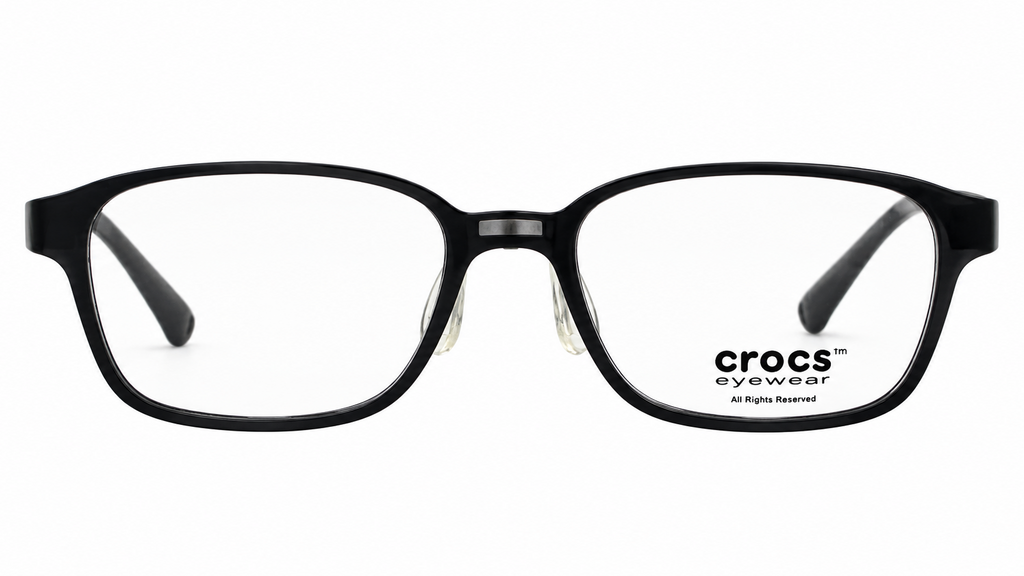 Crocs Eyewear black rectangular eyeglasses on a solid white background.