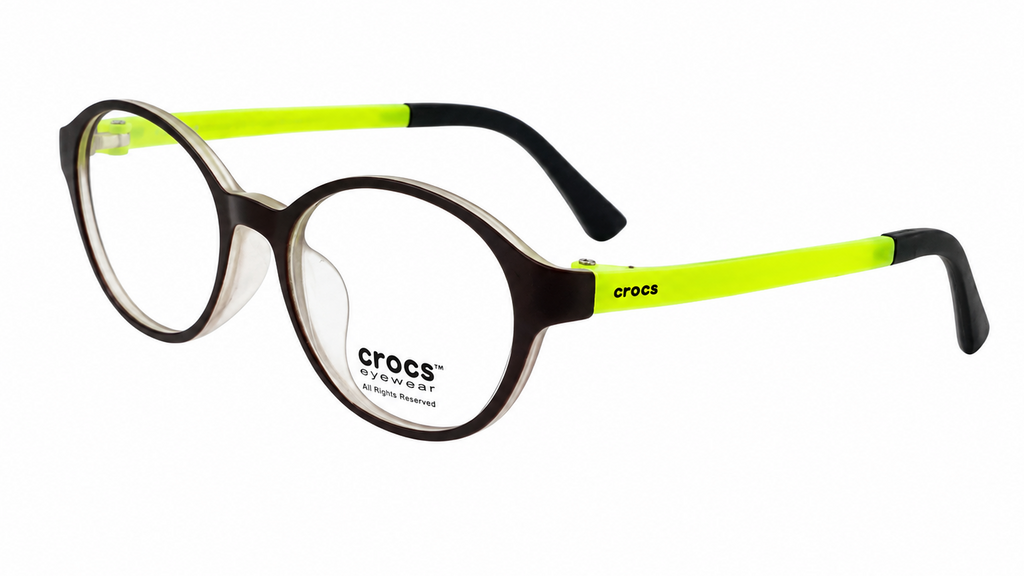 Crocs round eyeglasses with a dark brown acetate frame, clear lenses, and bright neon yellow-green temples with black tips.