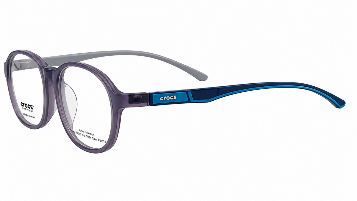 Crocs round eyeglasses featuring a translucent purple frame, blue and navy temple arms, and clear lenses.