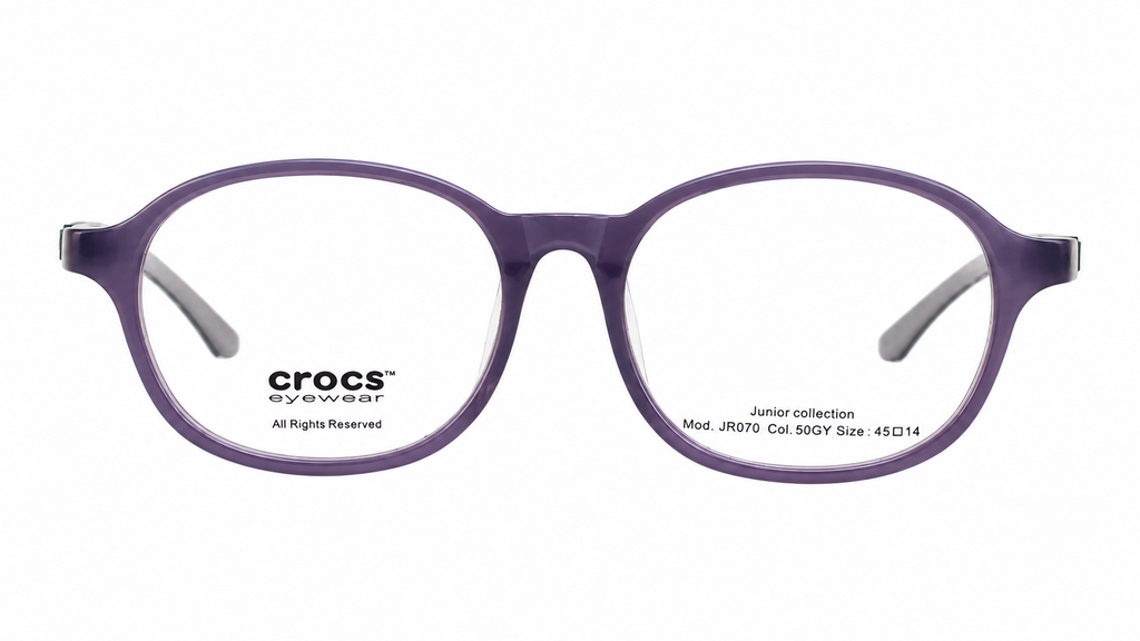 Crocs eyewear round frames in a translucent purple color, shown against a plain white background.