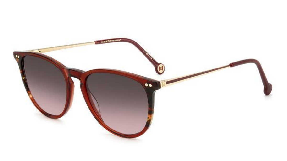 A pair of designer sunglasses with a dark brown tortoiseshell acetate frame, gold metal double bridge and temples, and gradient gray lenses, shown on a white background.