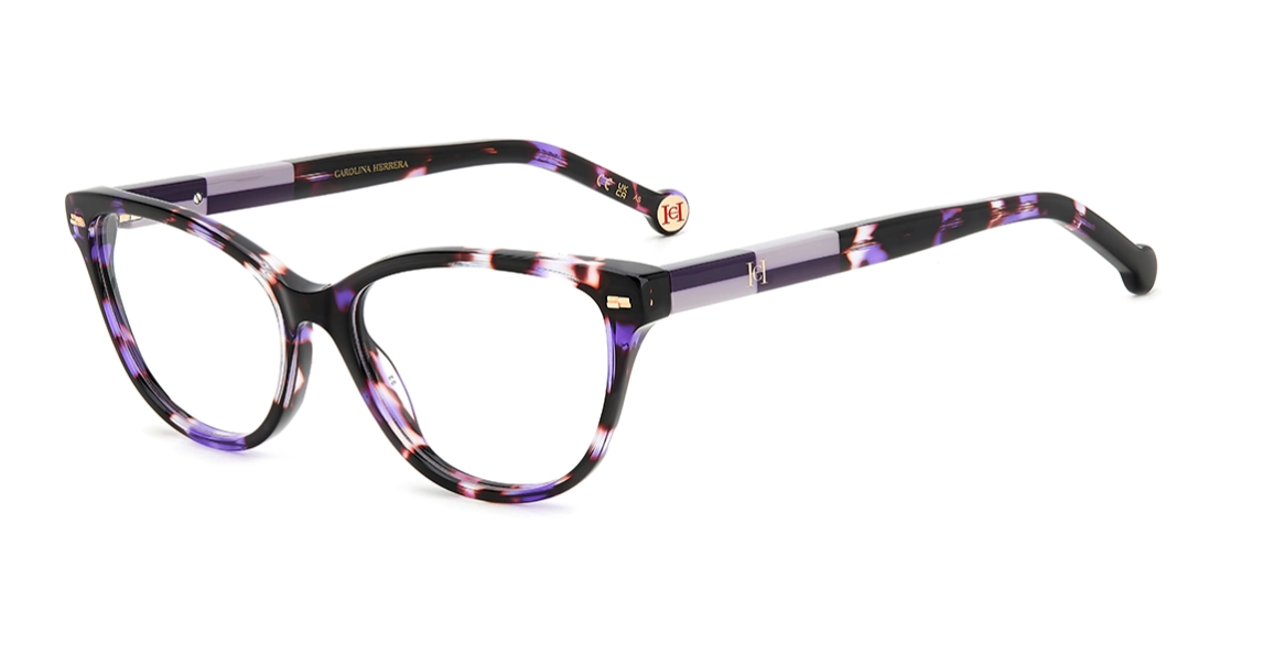 A pair of cat-eye eyeglasses featuring a black and purple tortoiseshell pattern with small gold metal accents on the hinges, shown against a plain white background.