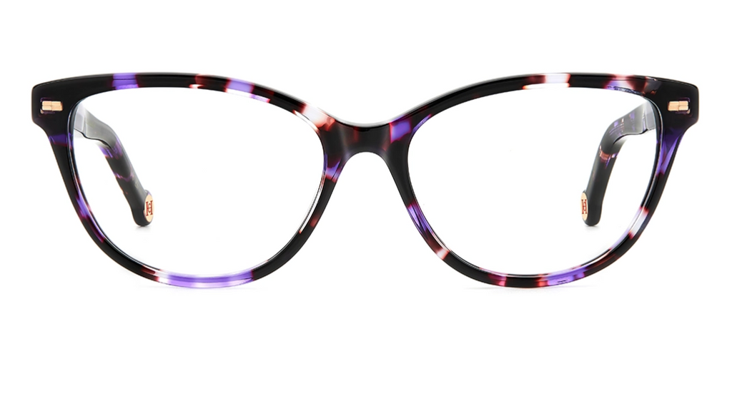 A pair of women's cat-eye eyeglasses featuring a dark tortoiseshell pattern with purple and pink swirls, clear lenses, and small rose gold metal accents on the temples.