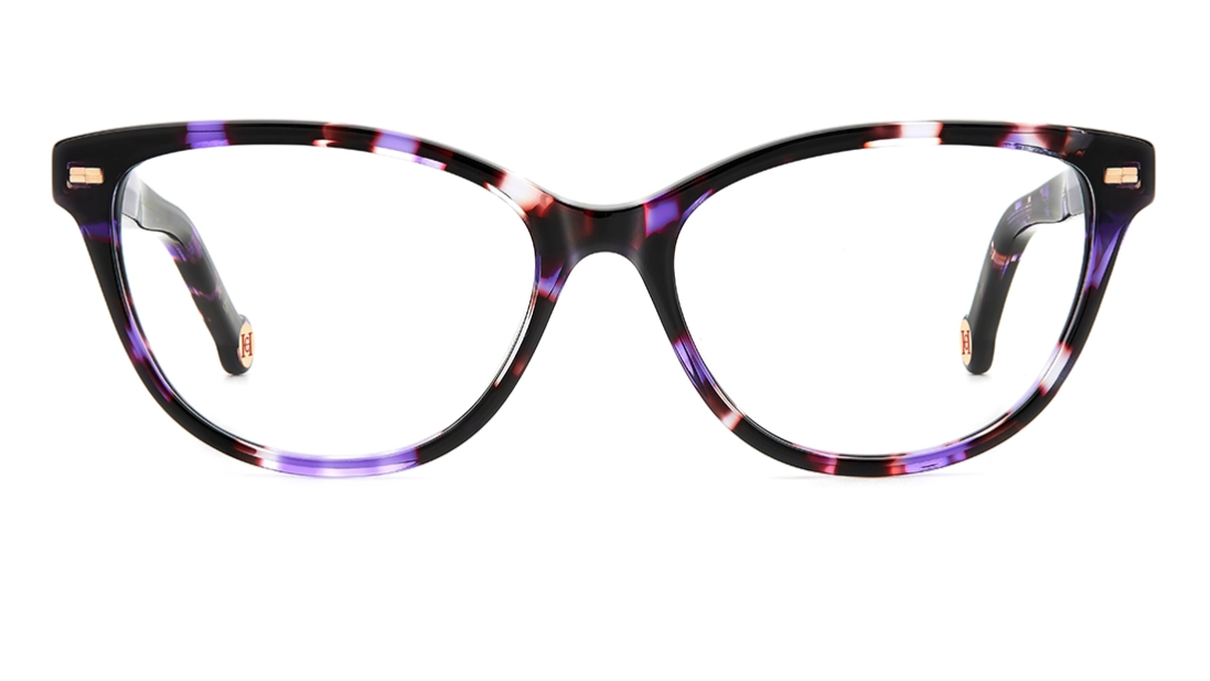 A pair of women's cat-eye eyeglasses featuring a dark tortoiseshell pattern with purple and pink swirls, clear lenses, and small rose gold metal accents on the temples.