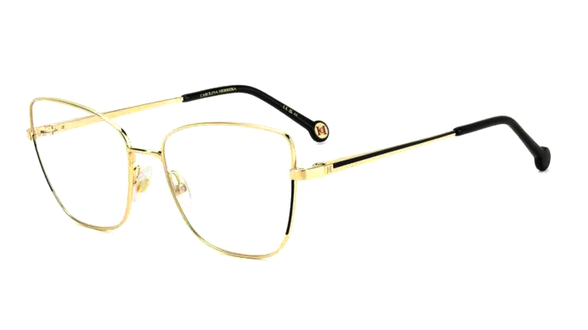 A pair of luxury cat-eye eyeglasses featuring a gold-tone metal frame and black temple tips, shown on a solid white background.