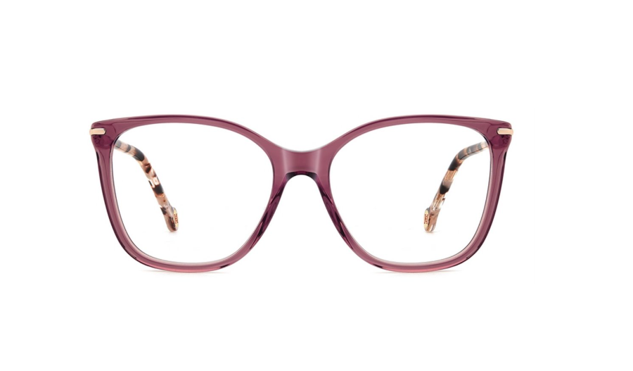 A pair of chunky, oversized cat-eye eyeglasses with translucent burgundy frames and patterned tortoiseshell temple arms, shown against a plain white background.