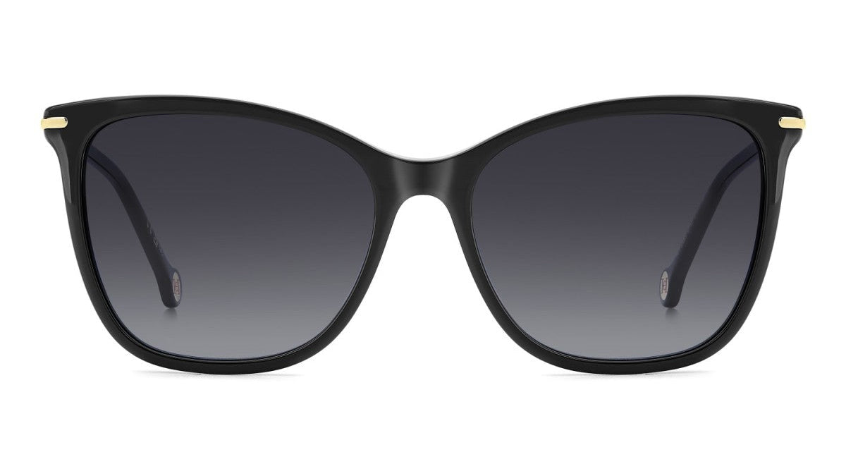 Black cat-eye sunglasses with dark gray gradient lenses and small gold metal accents on the temples, shown against a plain white background.