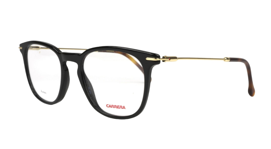 Carrera eyeglasses featuring a black acetate frame with gold metal double bridge and temple tips, shown on a plain white background.