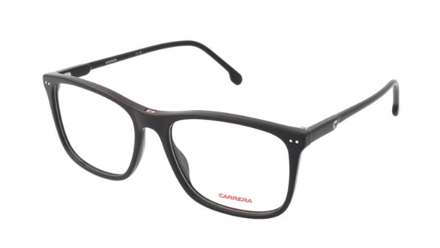 Black Carrera eyeglasses with a rectangular frame and clear lenses, shown on a plain white background.