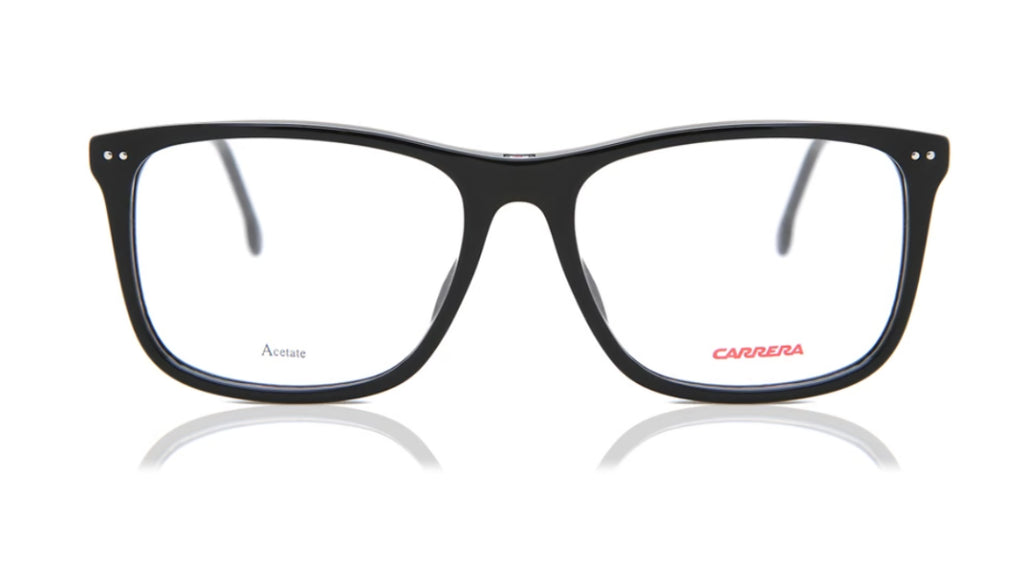 Black square eyeglasses with clear lenses, featuring the red Carrera logo on the lower right corner of the right lens and the model name Accurate on the lower left corner of the left lens, set against a white background with a soft reflection.