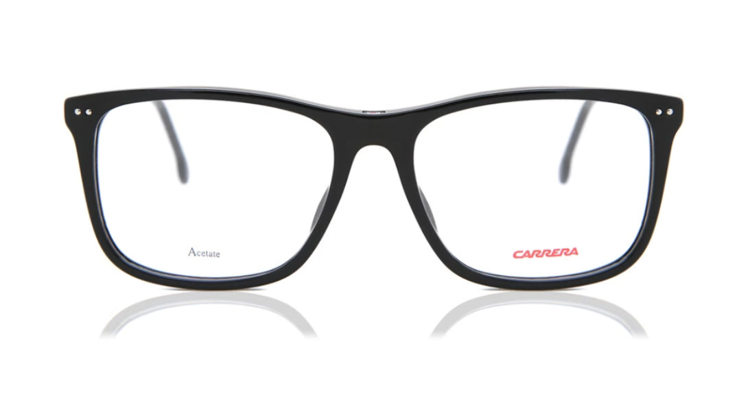 Black square eyeglasses with clear lenses, featuring the red Carrera logo on the lower right corner of the right lens and the model name Accurate on the lower left corner of the left lens, set against a white background with a soft reflection.