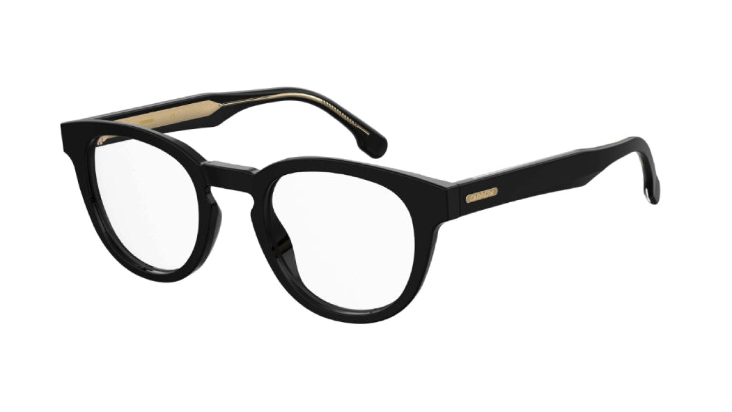 Black acetate eyeglass frames with clear lenses and small gold metal accents on the temples, shown against a plain white background.
