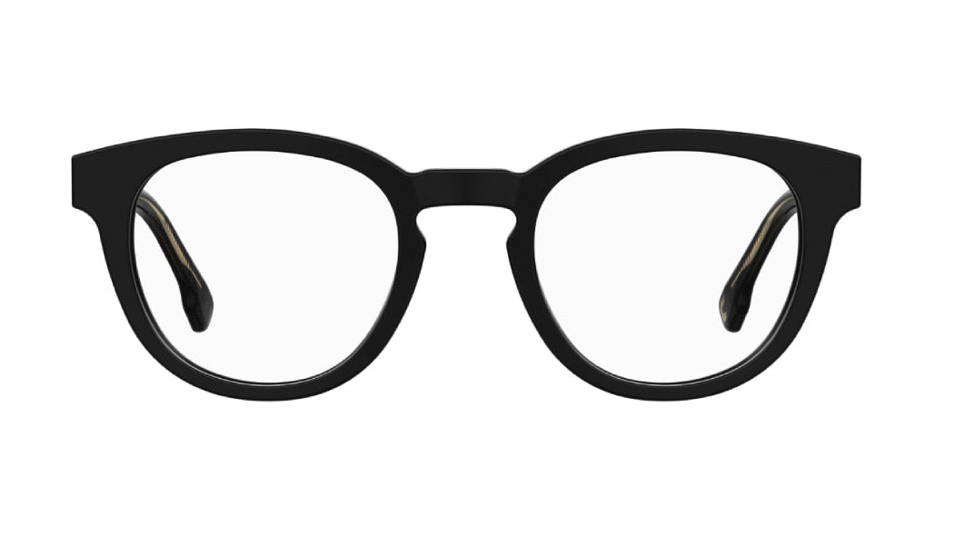 Black round eyeglass frames with clear lenses, shown from the front on a plain white background.