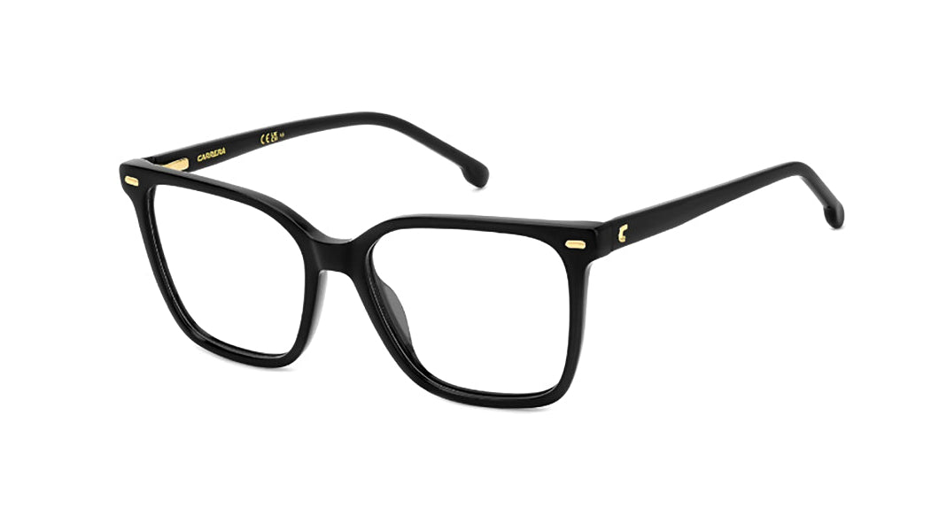Black acetate eyeglasses with gold-tone metal accents and a small gold logo on the temples, shown on a plain white background.